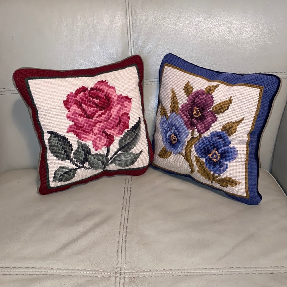 Pair of Vintage Handmade Needlepoint Floral Pillows Rose Pansy 9x9